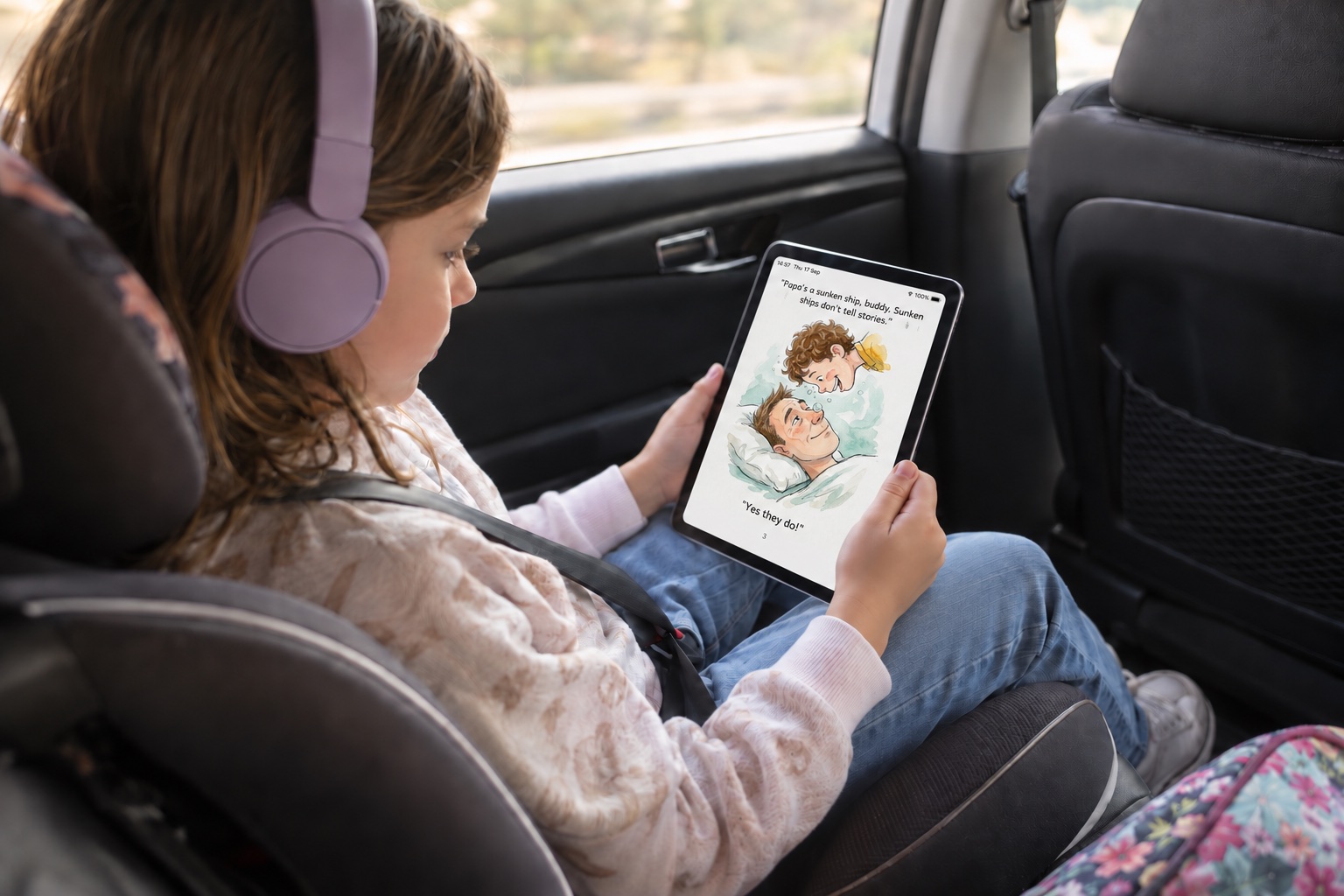 A child wearing headphones in a car seat, listening to a Nebula story with an iPad on their lap