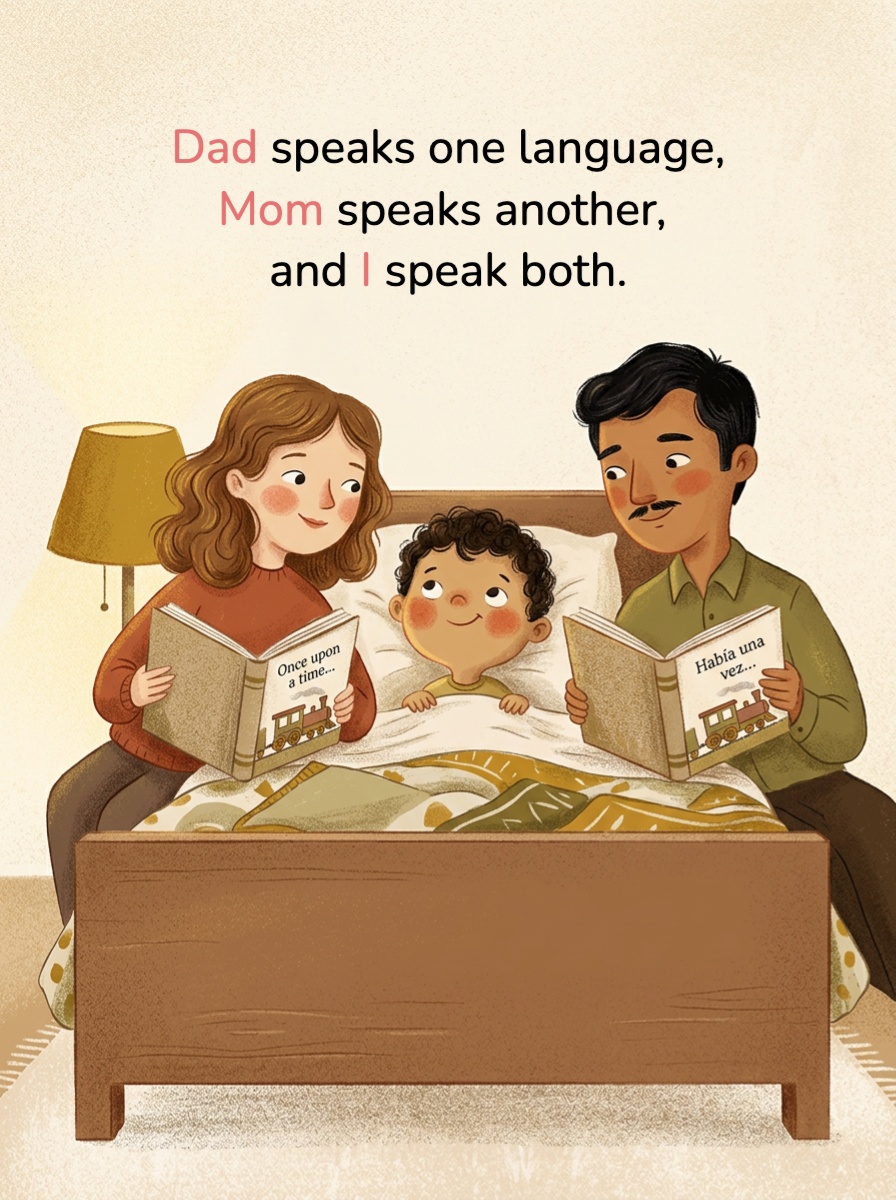 A page from The Little Fox & the Moon, read in two languages